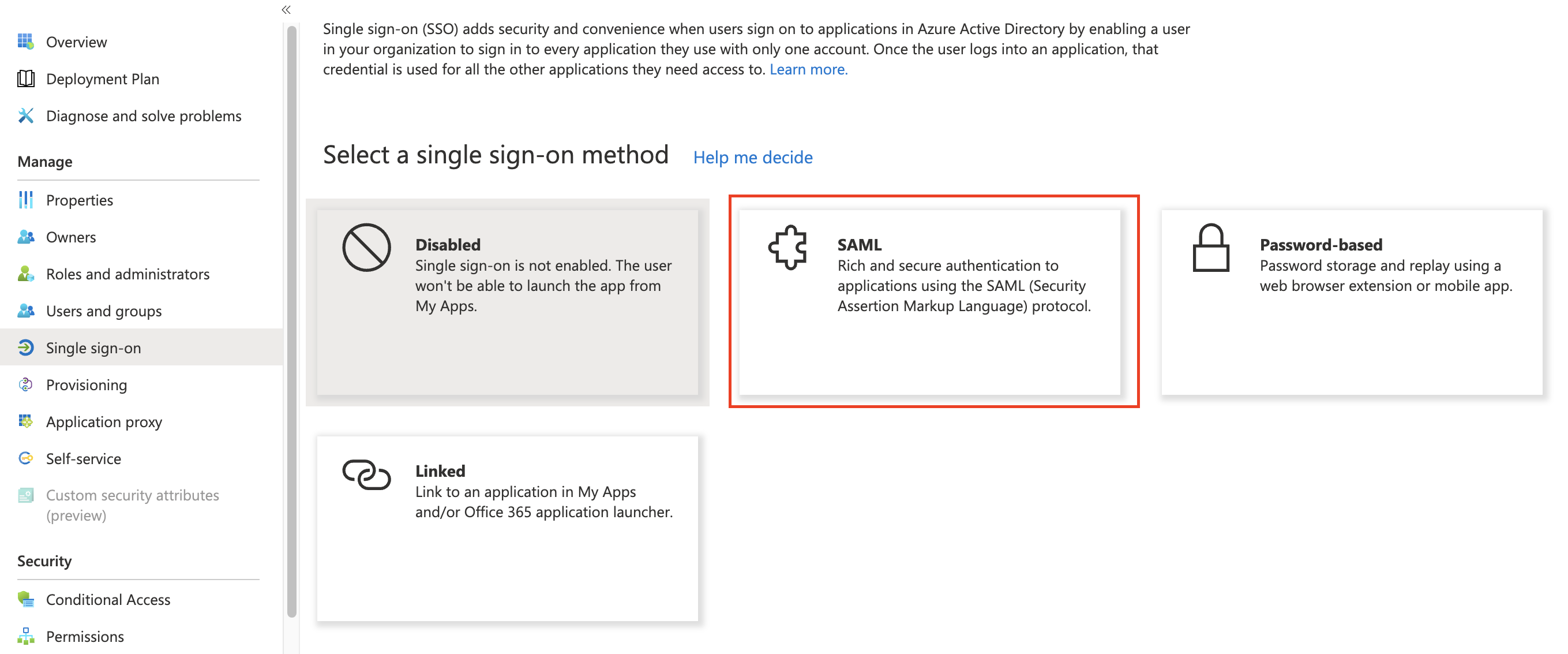 Select SAML as the sign-on method